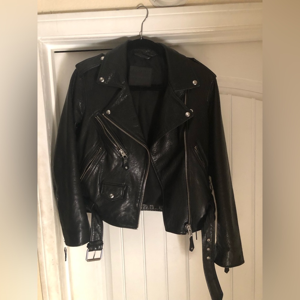 ALLSAINTS Sarana Lace Up Moto Zip Buckle Short Black Leather Jacket